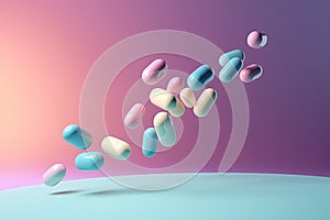 Pastel color medicine pills levitating background