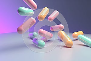 Pastel color medicine pills levitating background