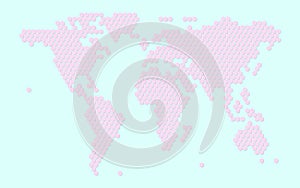 Pastel color of pink with blue background of World or earth map of region continent with honey bee or honeycomb or honey hive shap