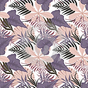 Pastel color seamless pettern, design papier with tropical leaves in beige, violet, pink dusty colors