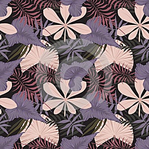 Pastel color seamless pettern, design papier with tropical leaves in beige, violet, pink dusty colors