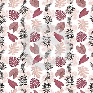 Pastel color seamless pettern, design papier with tropical leaves in beige, violet, pink dusty colors