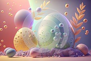 Pastel color spring easter background with paintig decorative eggs, generative ai photo