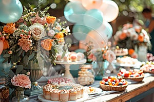 Pastel-colored balloons and floral arrangements for outdoor celebration table setting. Graduation time in educational