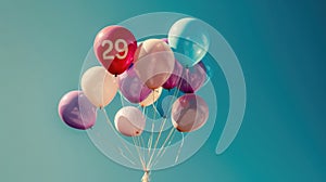 Pastel colored balloons with the number 29 printed. Concept of 29 february leap year day.