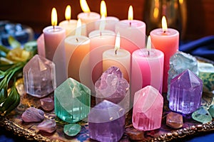 pastel-colored candles with healing crystals