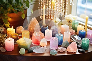 pastel-colored candles with healing crystals