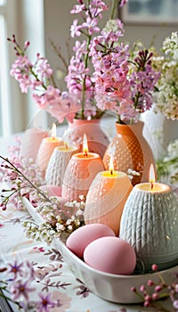 Pastel Colored Easter Candles in Egg Shapes with Spring Flowers. Celebration spring holiday Easter, Spring Equinox day, Ostara photo