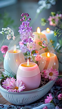 Pastel Colored Easter Candles in Egg Shapes with Spring Flowers. Celebration spring holiday Easter, Spring Equinox day, Ostara