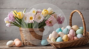 Easter composition with eggs and flowers in wicker baskets