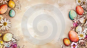 Pastel Colored Easter Eggs And Flowers On Soft Gradient Background