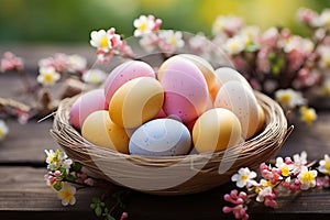 Pastel colored easter eggs nestled among delicate spring flowers in a stunning easter-themed scene
