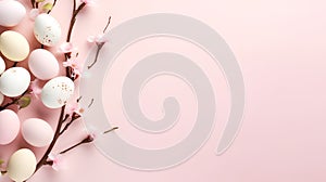 Pastel Colored Easter Eggs with Spring Twigs on Light Pink Background, space for inscription