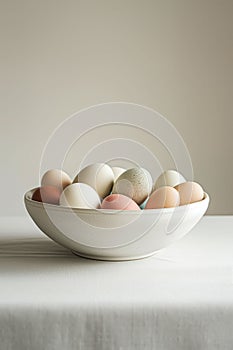 Pastel colored Easter eggs in a white ceramic bowl on a neutral background