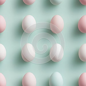 Pastel colored eggs seamless pattern on light green background. Repeating easter eggs background in pastel pink, green and white