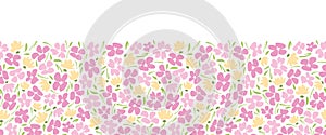 Pastel Colored graphic ditsy gestural blooms and foliage on white background vector seamless horizontal border. Florals.