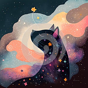 Pastel colored illustrated cat with many stars