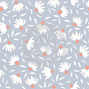 Pastel Colored Loosely Hand Drawn Feminine Elegant Cone Flowers Vector Seamless Pattern. Spring-Summer Floral Print