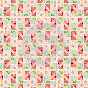 Pastel colored modern geometric repeat pattern with math symbols and shapes