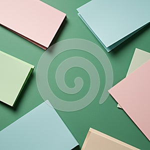 Pastel-colored paper sheets are arranged on a green background. The sheets include