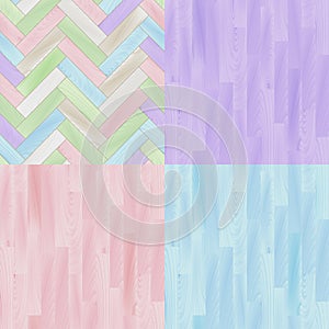 Pastel colored realistic wooden floor parquet seamless patterns set, vector