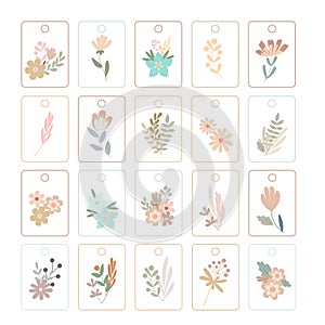 Pastel-colored rectangular boho simple flowers highlight labels set, flat style floral vector illustration