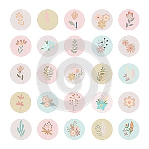 Pastel-colored round boho simple flowers highlight labels set, flat style floral vector illustration