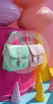 Pastel-colored satchel bags displayed with colorful whimsical cones