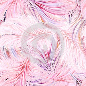 Pastel-colored seamless feather pattern. Seamless glamor background with light pink watercolor feathers of bird