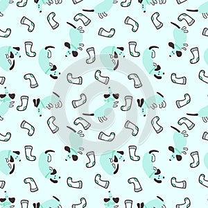 Pastel colored seamless pattern of playing dachshunds and socks. Perfect for T-shirt, textile and prints. Hand drawn illustration