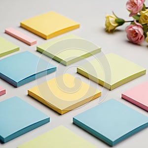 Pastel colored sticky notes are neatly arranged in a grid pattern on a
