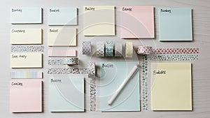 Of pastel colored sticky notes and patterned washi tapes on a light