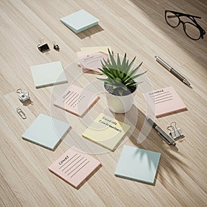 Workspace featuring a variety of pastel colored sticky notes with