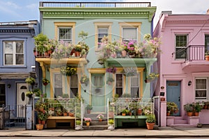 a pastel-colored townhouse with a balcony full of flower pots