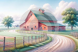 Pastel Colored Watercolor Farming Scene Springtime Barn Country AI Generated Painting