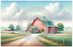 Pastel Colored Watercolor Farming Scene Springtime Barn Country AI Generated Painting