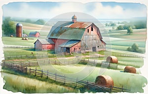 Pastel Colored Watercolor Farming Scene Springtime Barn Country AI Generated Painting