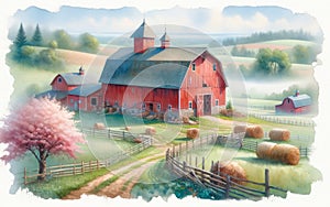 Pastel Colored Watercolor Farming Scene Springtime Barn Country AI Generated Painting