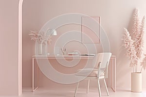 Pastel colored workspace with a minimalistic desk and soft pink stationery. Generative AI