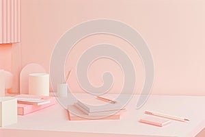 Pastel colored workspace with a minimalistic desk and soft pink stationery. Generative AI