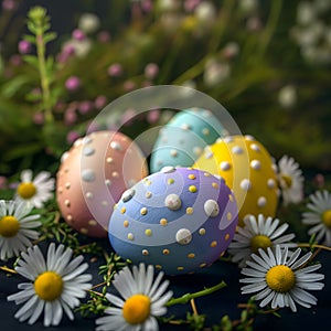 Pastel colorful Easter eggs with cute painting patterns are laid on the grass with little spring flowers. Generated AI