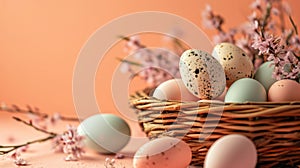Pastel colorful pockmarked easter eggs in wicker basket with bloom pink sakura branches. Greeting card for Easter holidays.