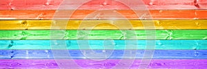 Pastel colorful rainbow painted wood planks panoramic background. Rainbow flag LGBTQ pride web banner