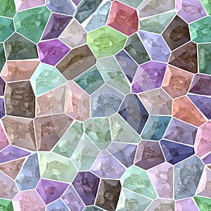 Pastel colorful spectrum marble stony mosaic seamless background with white grout