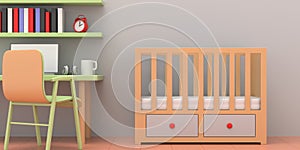 Pastel colors child room. Baby crib, student desk, chair and shelves. 3d illustration