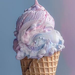 Pastel colors ice cream cone on pastel pink and blue background. Created with generative AI technology.