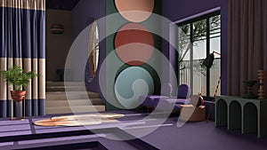 Pastel colors and metaphysical abstract object for flat living room in classic space, concrete staircase and purple walls,
