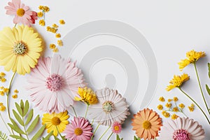 pastel coloured flowers on a white background, spring concept, Generative Ai photo