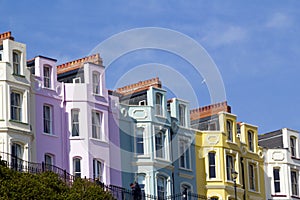 Pastel coloured guest houses, Tenby, Pembrokeshire, Wales, UK