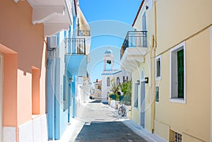 Pastel coloured houses -Andros Island Greece